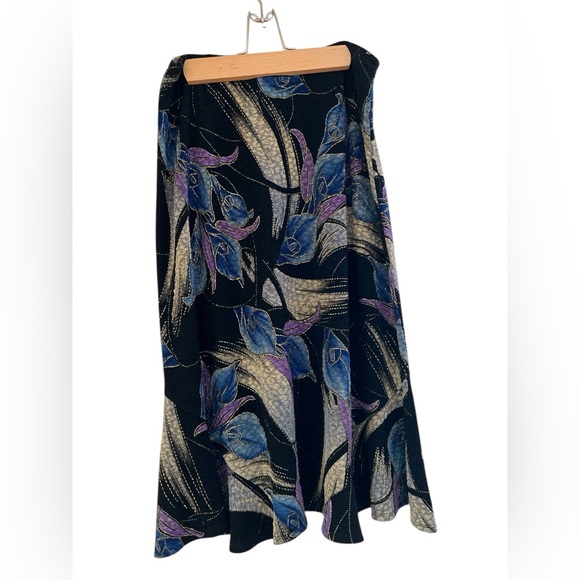 Mirasol Floral Blue and Purple Midi Skirt with Gold Accents - Picture 2 of 4